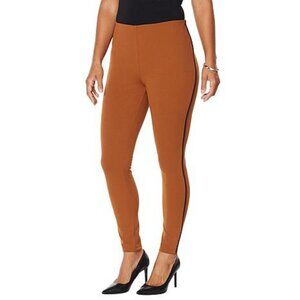 NEW! Nina Leonard Tummy Smoothing Waist Pants, Cognac w/ Black Stripe - PETITE